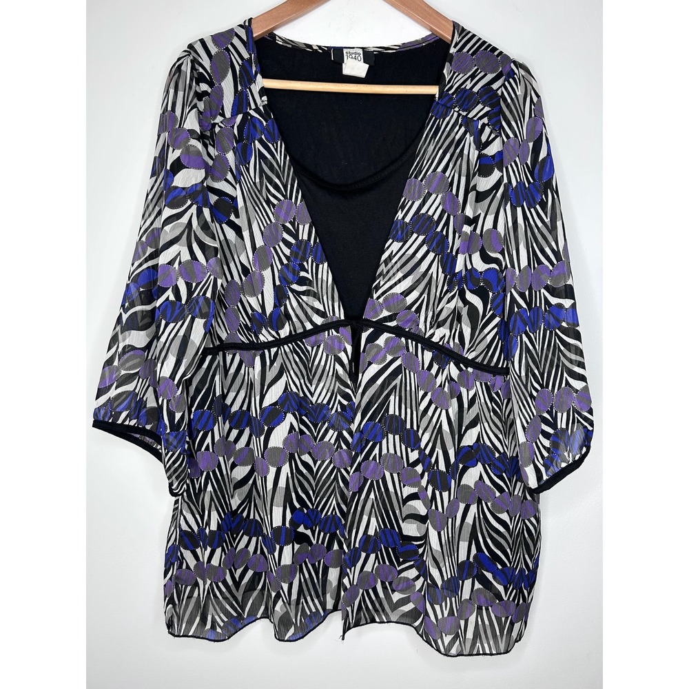 Studio 1940 Womens 18/20W Layered Chiffon‎ Top Purple Blue Zebra Geometric Artsy